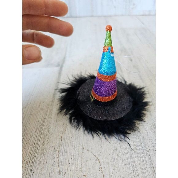 Pier 1 glitter striped witch ornament hat Halloween decor feather rare vintage - Picture 2 of 2